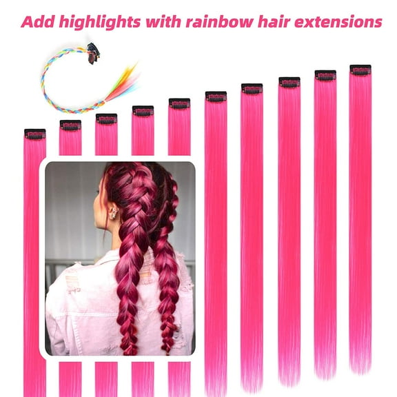 WEIF-Pink Hair Extensions Clip in, 22 Inch 10 Pcs Long Straight Colored, for Kids Girls Women Highlight Party, Synthetic