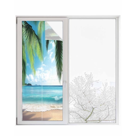 Window Privacy Film Summer Beach Stained Glass Window Film Decorative Sun Block Window Cover Ocean Tropical Palm Tree Seaside Landscape Window Clings Static Adhesive Sticker for Bathroom 29.5"x78.7"