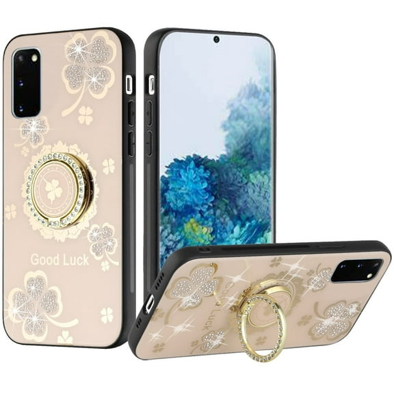 For Samsung Galaxy S20 Fashion 3D Diamond Bling Sparkly Ornaments Engraving Hybrid Ring Stand Cover ,Xpm Phone Case [ Gold Good Luck Floral ]