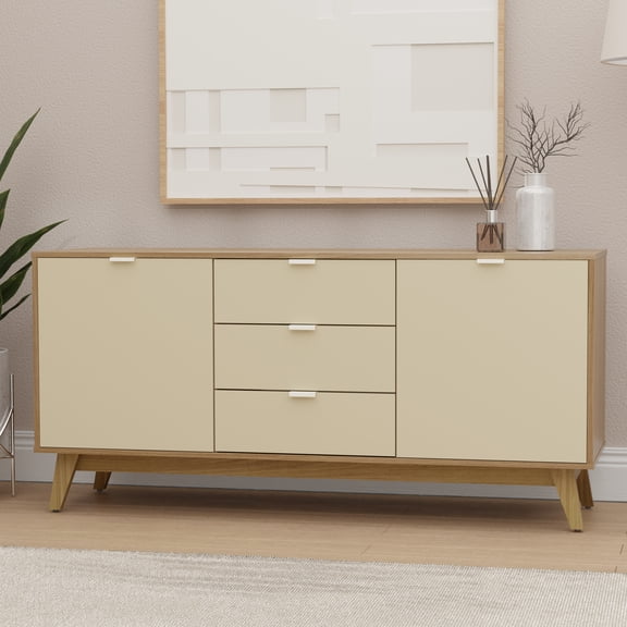 Kappesberg Venice 59.1"W Mid-Century Modern Sideboard with 2 Doors & 3 Drawers – Light Brown/Cream