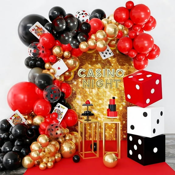 144PCS Dice Favor Boxes Casino Theme Party Decorations, Red Black Gold Dice Crown Poker Foil Balloons