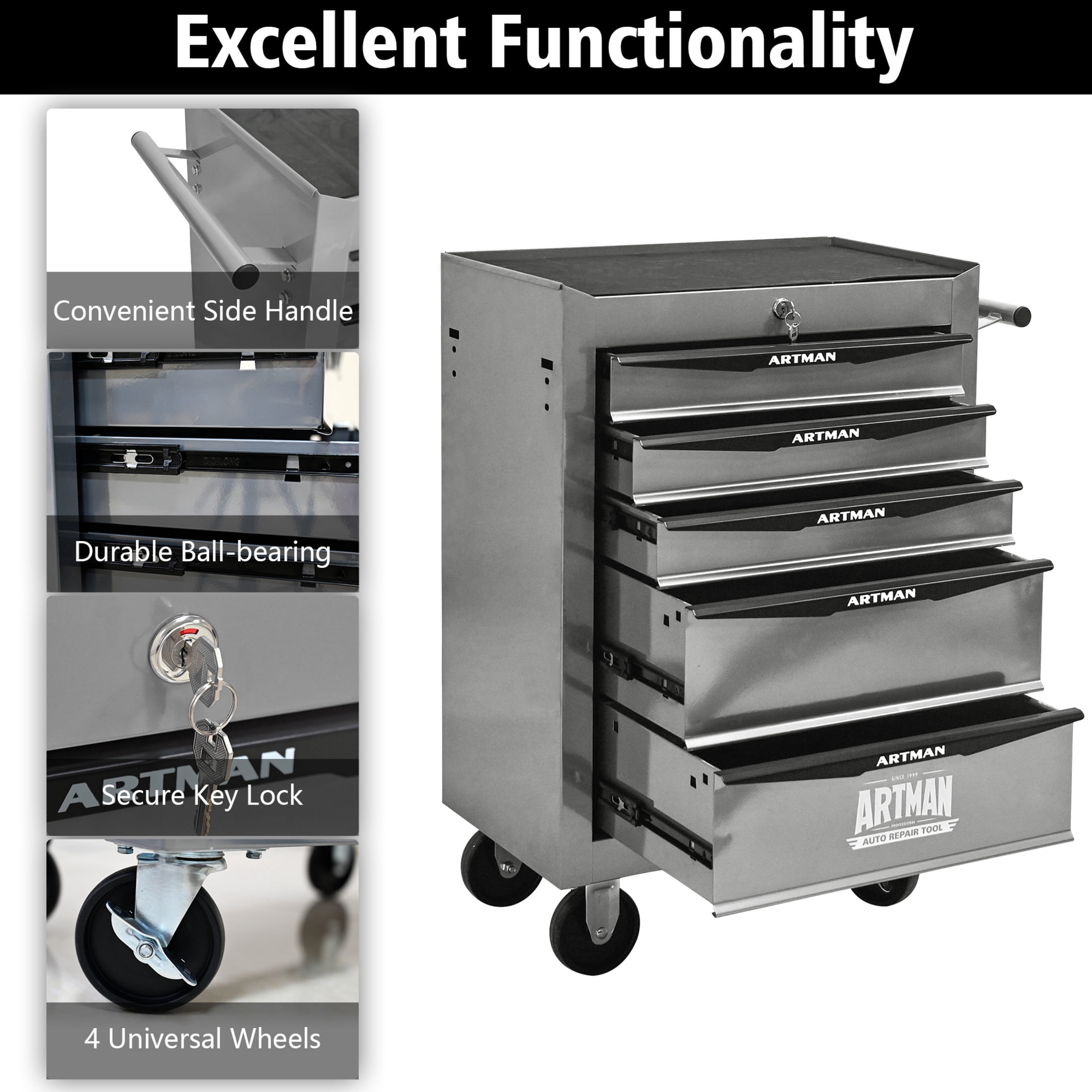 Noble House 5-Drawer Mobile Steel Tool Organizer with Key Lock, Ball Bearing Slide Storage Cabinet Box, Silver