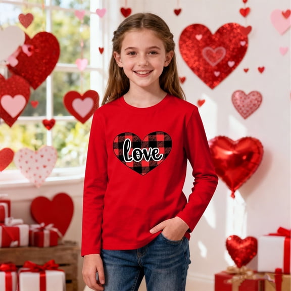 Girls' Valentine's Day Long Sleeve Shirt Red Love Plaid Heart Graphic Tee Soft Stretch Top for Kids 3-14 Years,Size 11-12 T