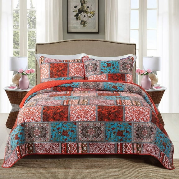 WannaToo Quilt King Size Comforter Cotton Bedding Set With Shams, Blue & Red