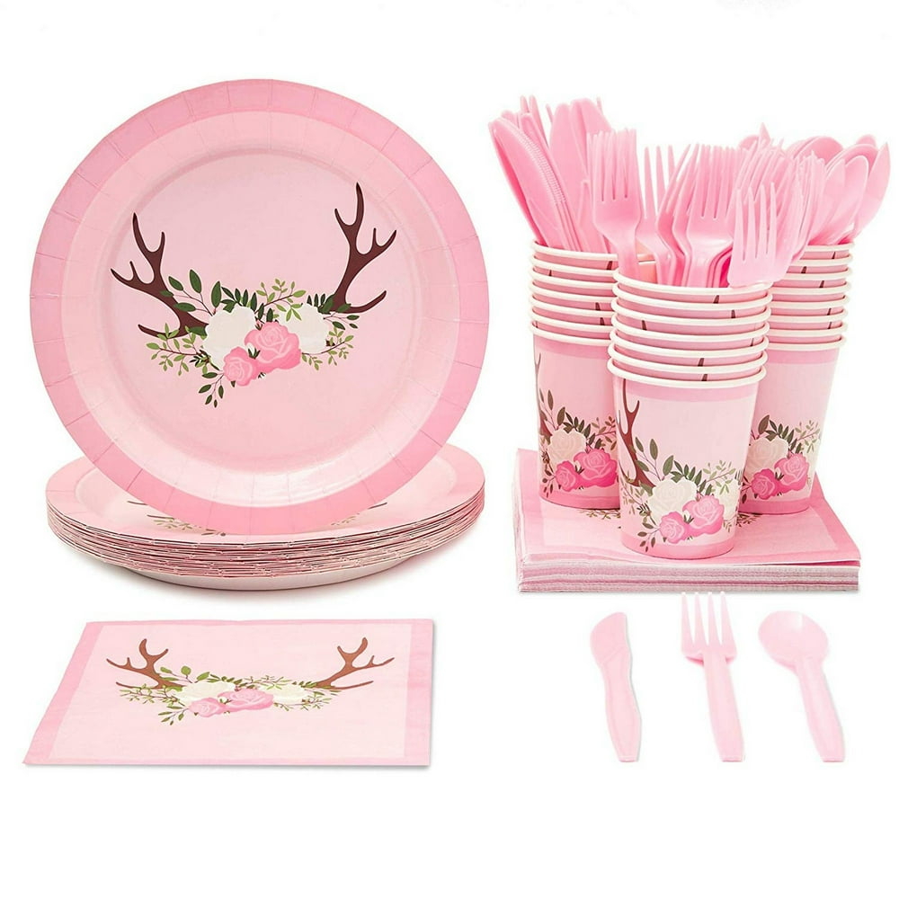 Serves 24 Pink Vintage Floral Tea Party Supplies, 144PCS Plates Napkins