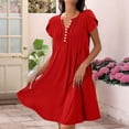 thumbnail image 3 of Vestido de Verano para Mujer, Corta, Cuello en V, Holgado, Informal, Plisado, Maxivestido , Túnica Roja, Talla M, 3 of 5