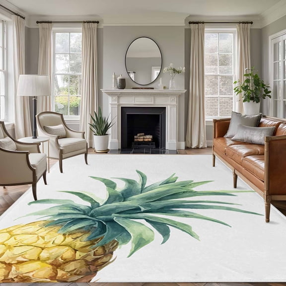 Pineapple Area Rugs 6'x9', Washable Small Throw Rugs for Kitchen Dining room, Summer Botanical Watercolor Indoor Outdoor Rug Non-Slip Low Pile Carpet Runner Reversible Floor Mats