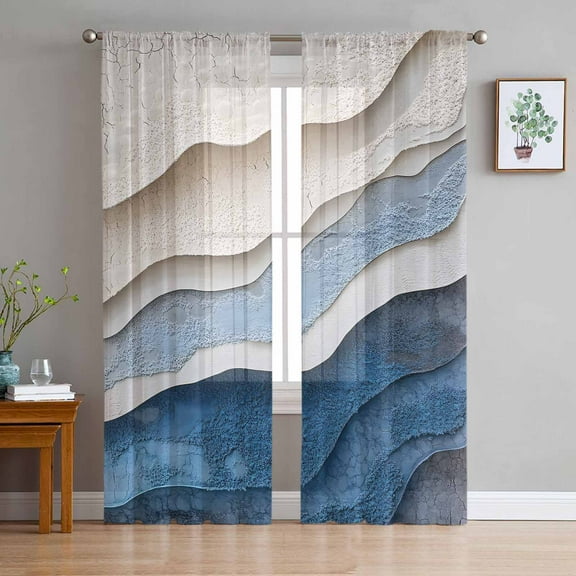 Blue Ombre Sheer Curtains 63 Inches Length 2 Panels Set, Window Sheer Curtains for Living Room/Bedroom, Modern Wave Abstract Art Light Filtering Rod Pocket Curtain 52'' x 63'' x 2
