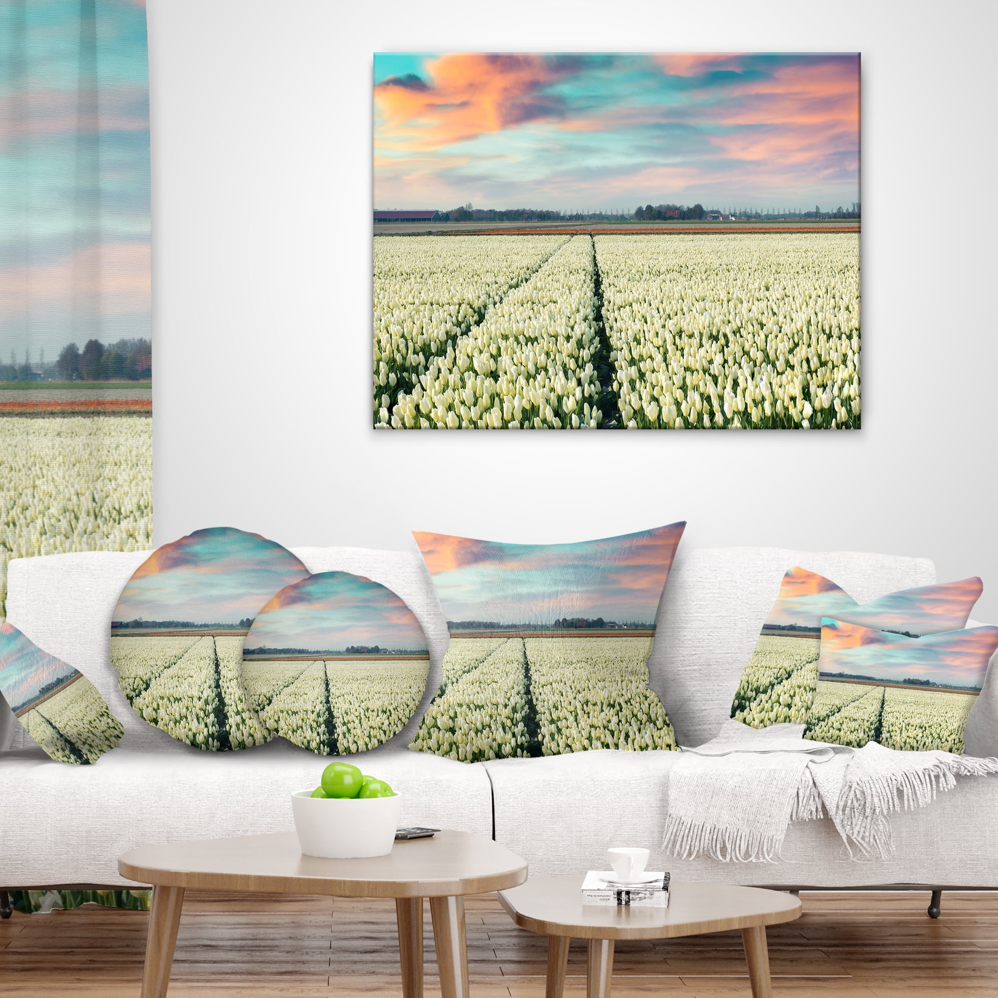 Designart Morning in Tulip Farm Near Espel Village - Landscape Printed Throw Pillow - 18x18