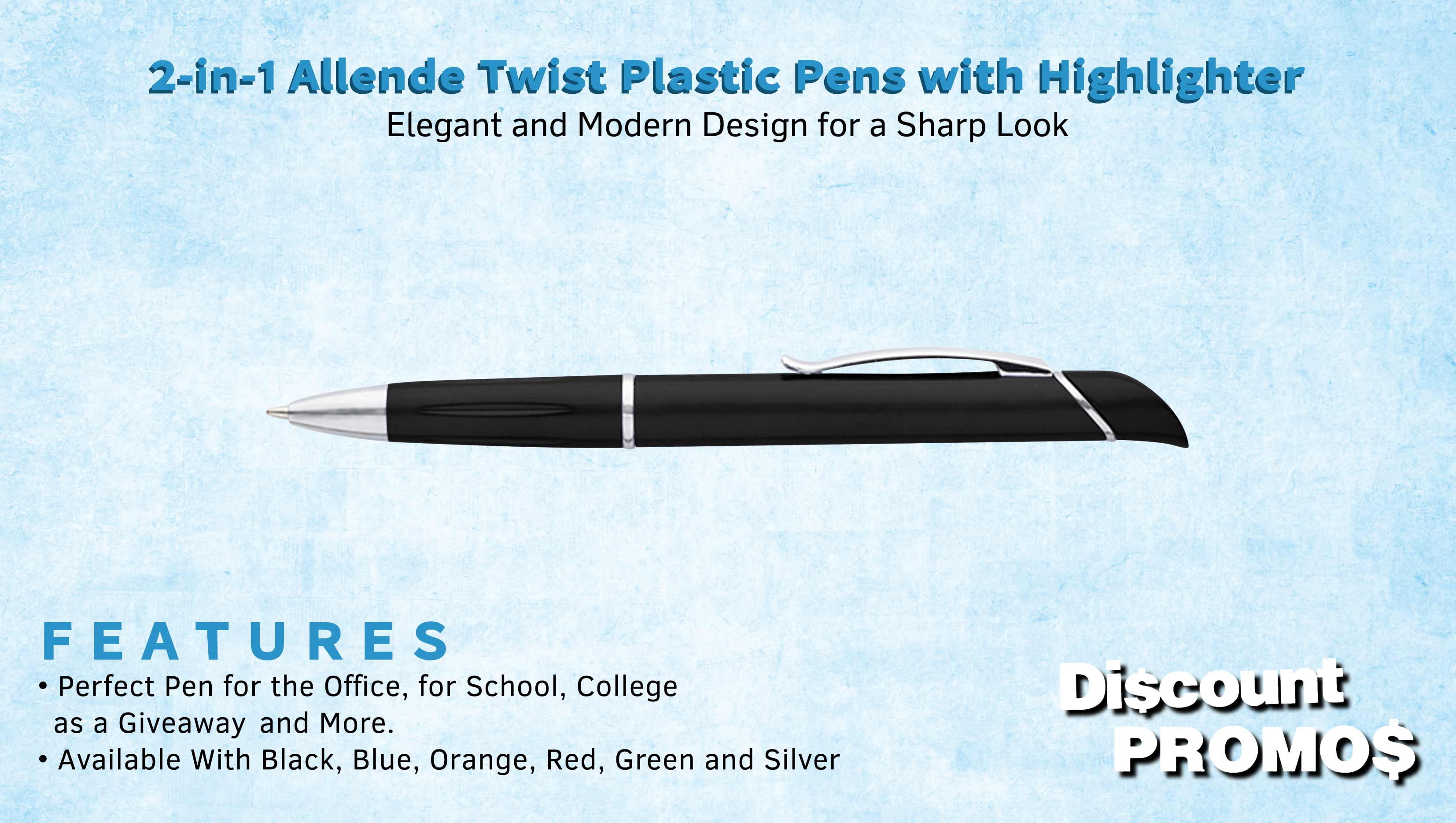 10 Allende Twist Plastic Pens with Highlighter Pack - Stylish, Durable, Black Ink - Black