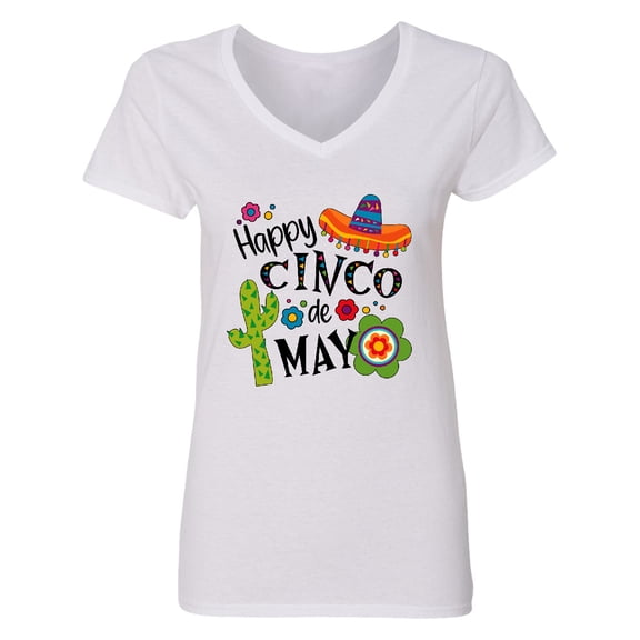Inktastic Happy Cinco De Mayo Sombrero, Cactus, Flowers Women's V-Neck T-Shirt