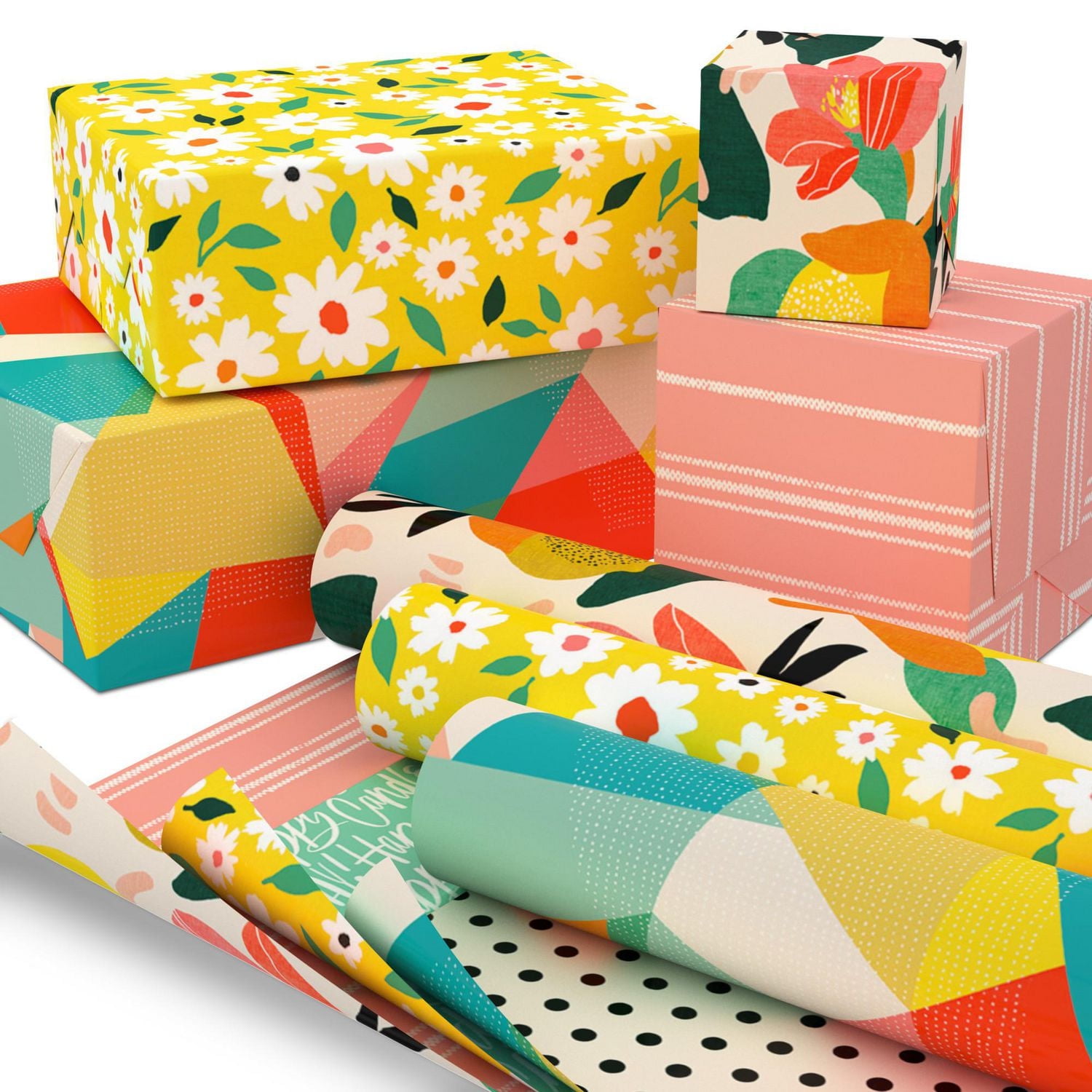 Hallmark Reversible Wrapping Paper (3 Rolls: 75 Sq. Ft. Ttl) Floral, Lemons, Bright Abstract