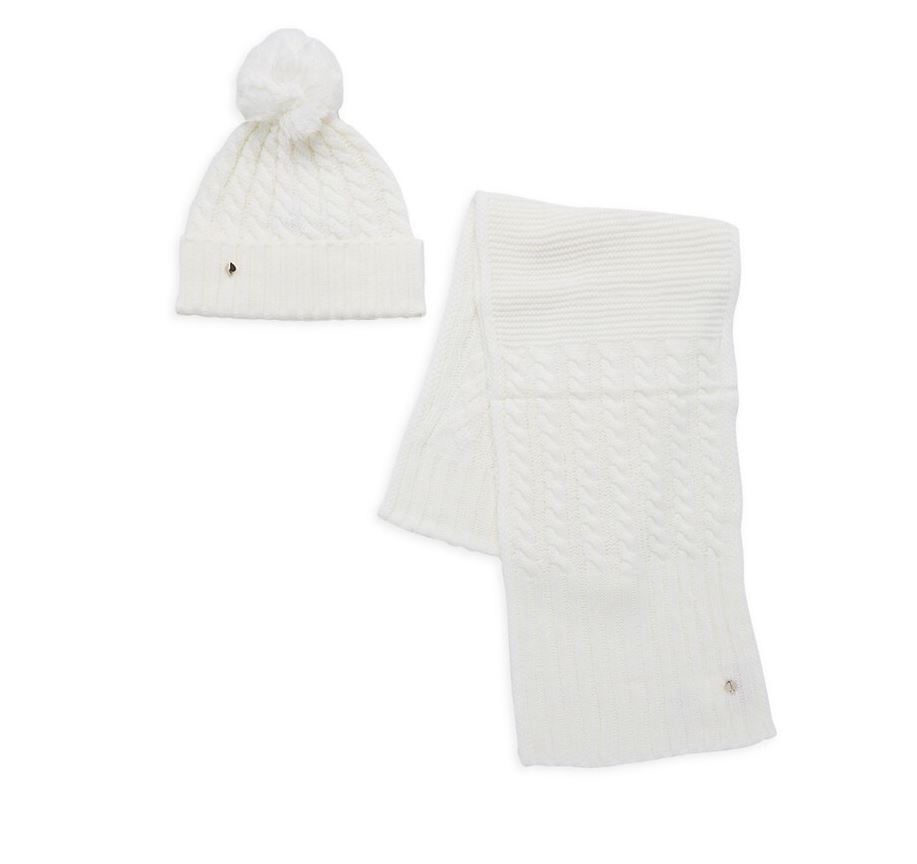 Kate Spade New York Cable-Knit Beanie Hat & Muffler Scarf Set French Cream  for Women 