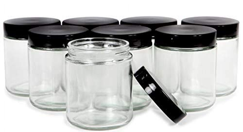 Vivaplex, Clear, 8 ounce, Round Glass Jars, with Black Lids - 8 pack