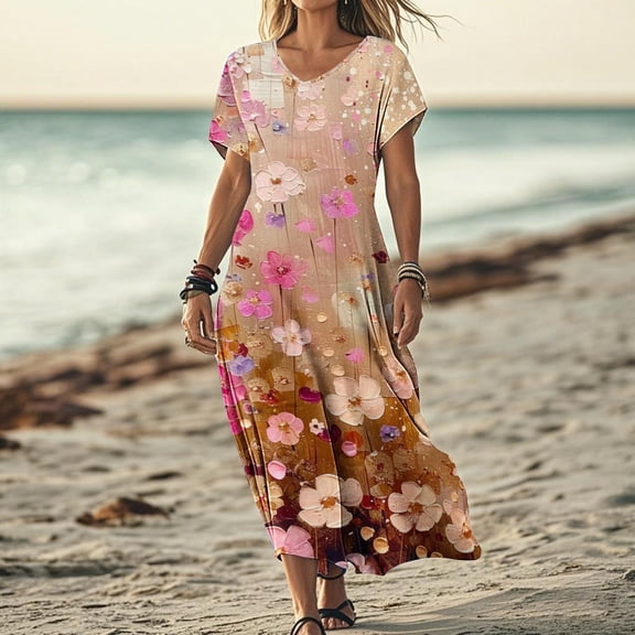 Yotami Women's Summer Casual Dress V-Neck Short Sleeve Long Dress Boho Floral Print Loose Flowy Dress for Daily