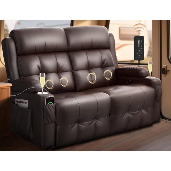 RV Loveseat Recliner, Massage Wall Hugger Recliners Sofa with USB, Side Pockets, Cup Holders and Removable Armrest, for RV and Home Theater, Brown