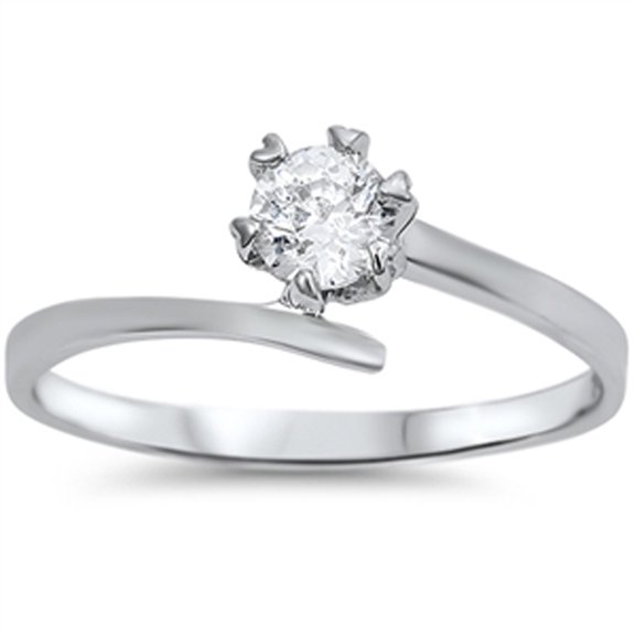 White CZ Round Solitaire 6 Prong Wave Ring .925 Sterling Silver Band Jewelry Female Size 4