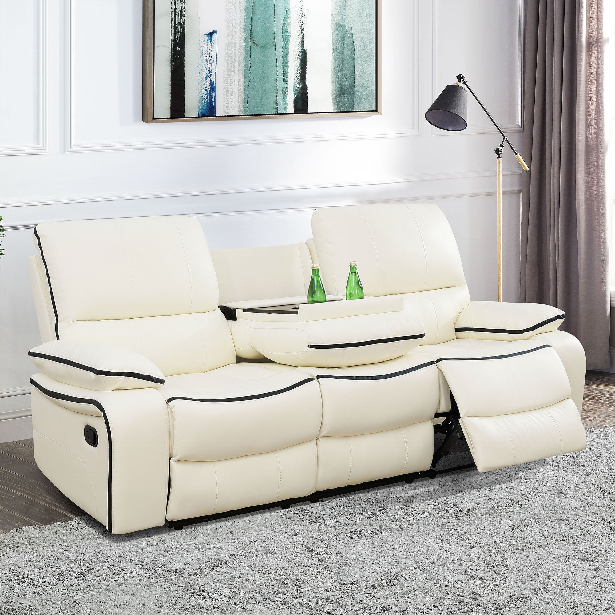Gewnee 3-Seat Smart Sofa, Air Leather & Solid Wood Frame, Flip-Up Center Seat with Cup Holder, Adjustable Recline for Living Room, Off-white