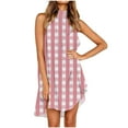 thumbnail image 5 of WIZUTIZ Womens Dresses Summer Flowy Relaxed Fit Hanging Neck Knee-Length Plaid Shift Dress Round Neck Sleeveless Shift Dress for Ladies High-Low Pleated Comfy Party Dress Pink, 5 of 5