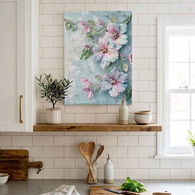 Vintage Pink Flowers Canvas Wall Art, Pastoral Floral Walls