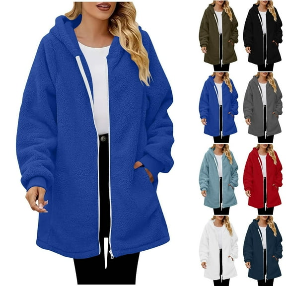 Womens Fuzzy Fleece Jacket Sherpa Full Zip Up Hooded Long Coats Casual Loose Winter Warm Outerwear