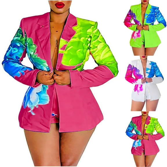 BiZtdJrK 2 Piece Sets for Women Summer Long Sleeve Blazer and Short Pants Outfits Trendy Floral Printed Blazers Jackets Matching Shorts Suit Back Packs Sales for School Hot Pink XXL
