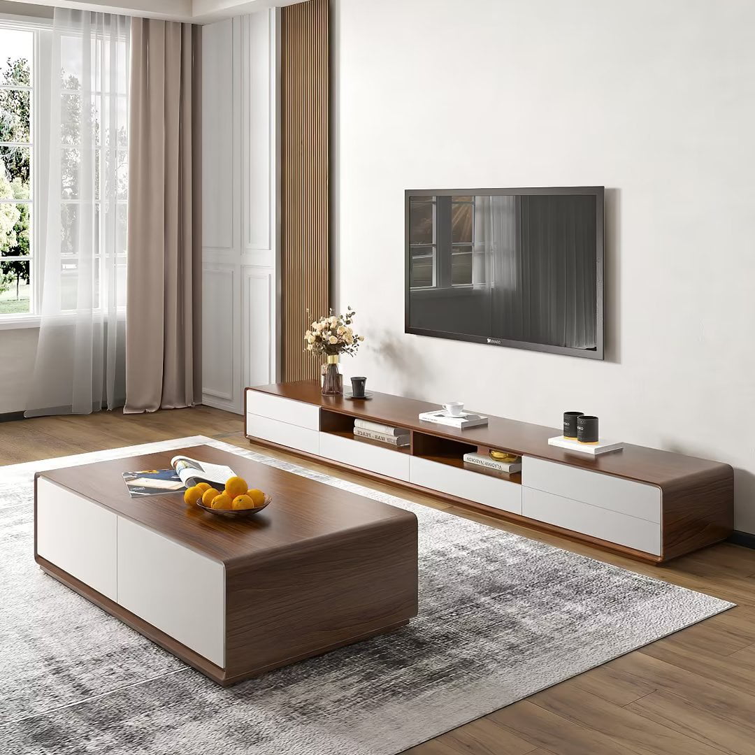 Modern Wood TV Stand, Lowline TV Console With Drawers, Open Storage, Cabinet,  Walnut Veneer, Fully-Assembled, 78/98