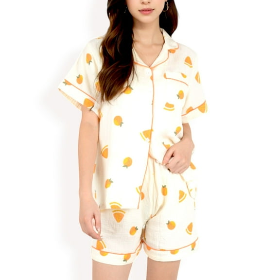 Women's Fruit Print 2-Piece Pajama Set with Short Sleeve Button-Up Top and Relaxed Fit Shorts - Small, Yellow