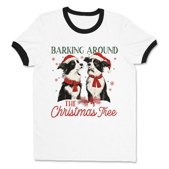 Barking Around the Christmas Tree Ringer Tee Shirt Unisex Large White/Black