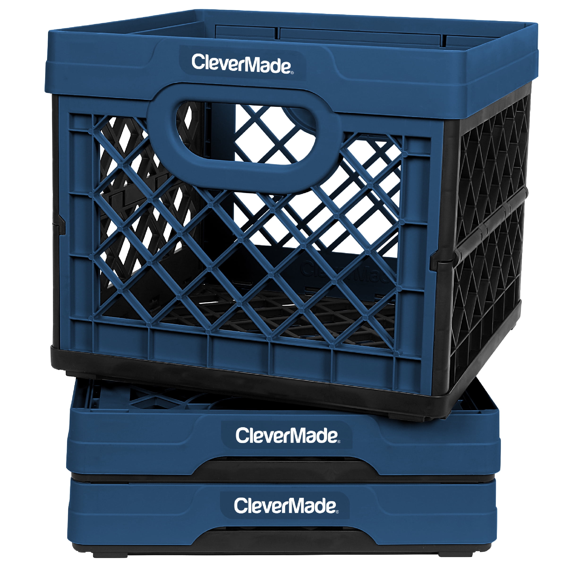 CleverMade Collapsible Eco Plastic Milk Crate, Folding Storage Bin, 6.6 gal, Ocean Navy
