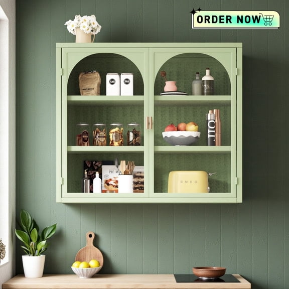 Tcbosik Wall Mounted Cabinet with Glass Doors, Metal Storage Cabinet with Shelves, Bathroom Cabinet for Kitchen, Living Room, Laundry Room, Space Saving & Easy Assembly, Green