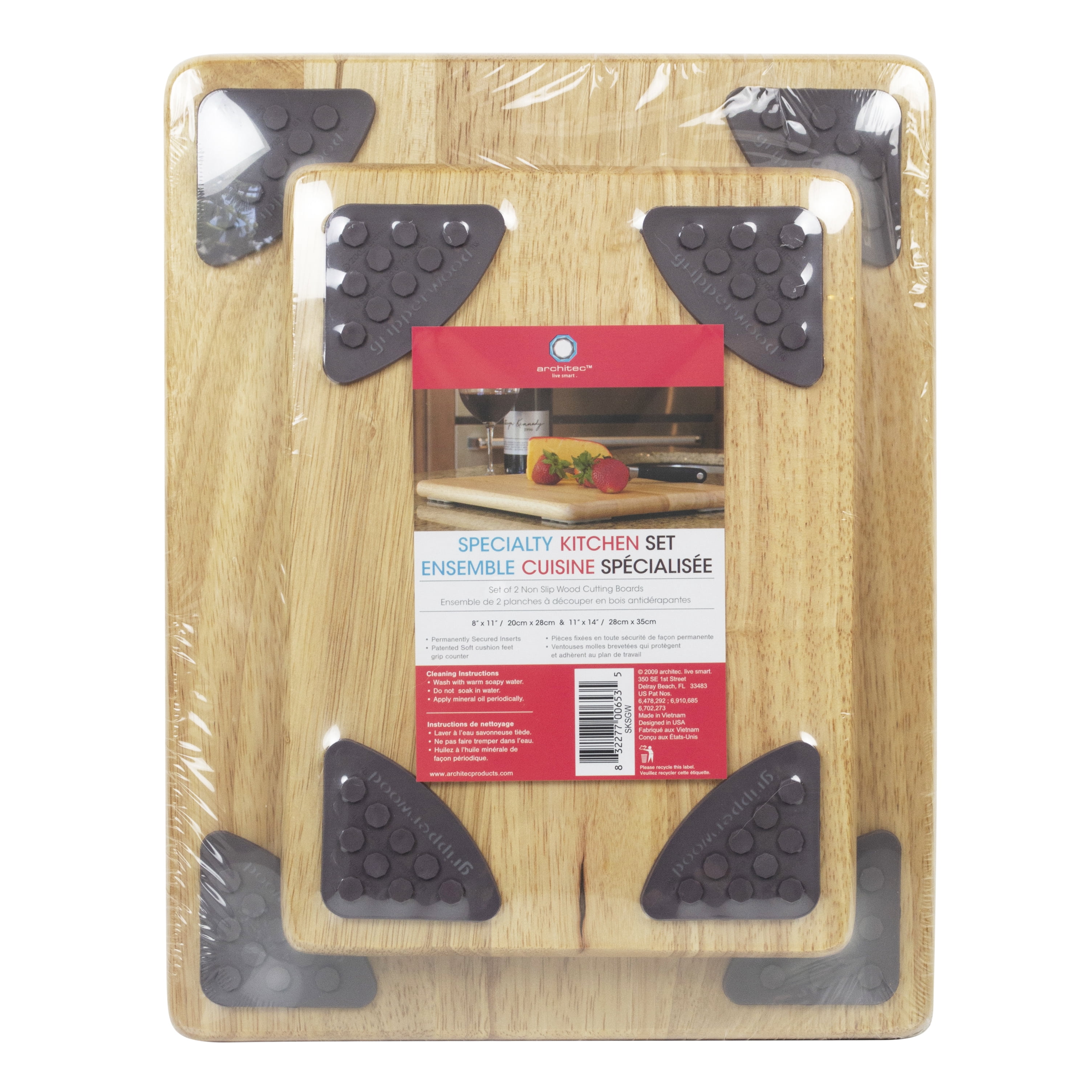 Architec Gripperwood Cutting Boards, Set of 2, Beechwood with Non-slip Gripper Feet, 11 x 8" and 14 x 11"