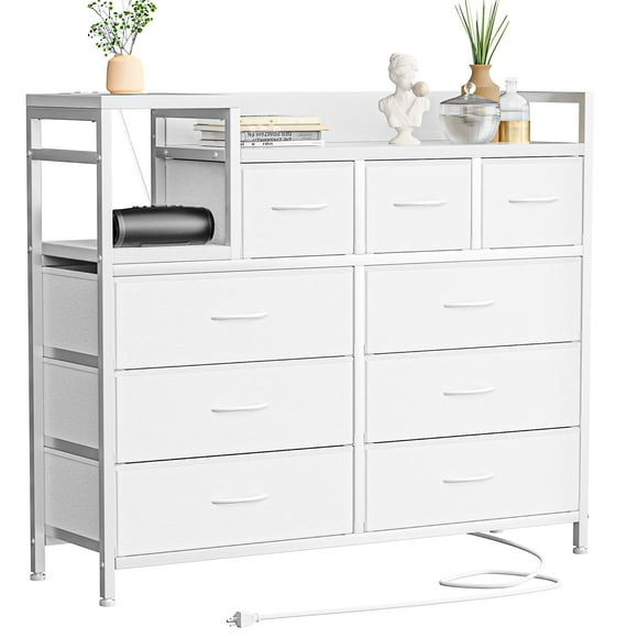 Commode à 9 Tiroirs avec Prise de Courant, Commode en Bois pour Salon, Couloir