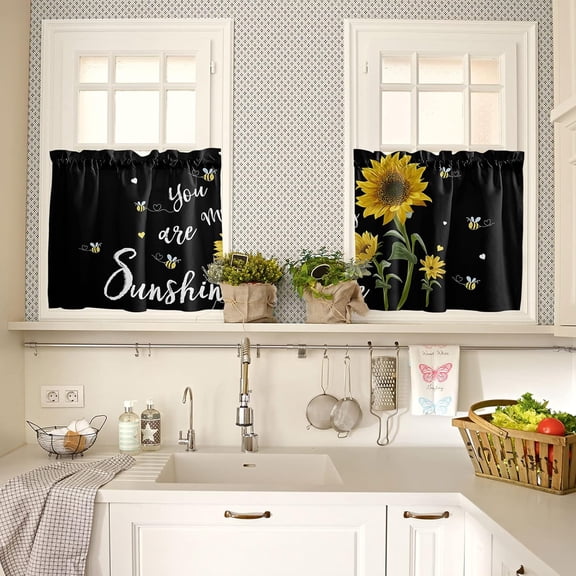 Sunflowers Tier Curtains 27.5x36inch - 2 Panels Rod Pocket Valance Curtains Half Window Curtain Tiers for Bathroom Kitchen Cabinet Rod Pocket, You are My Sunshine Black