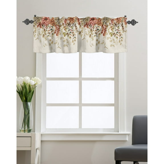 Kitchen Cafe Valance Curtain for Small Windows,Rustic Dahlia and Eucalyptus Leaf Vines Rod Pocket Valances Farm Flowers Art on Linen Window Treatment Panel for Living Room/Bedroom/Bathroom,54x18in