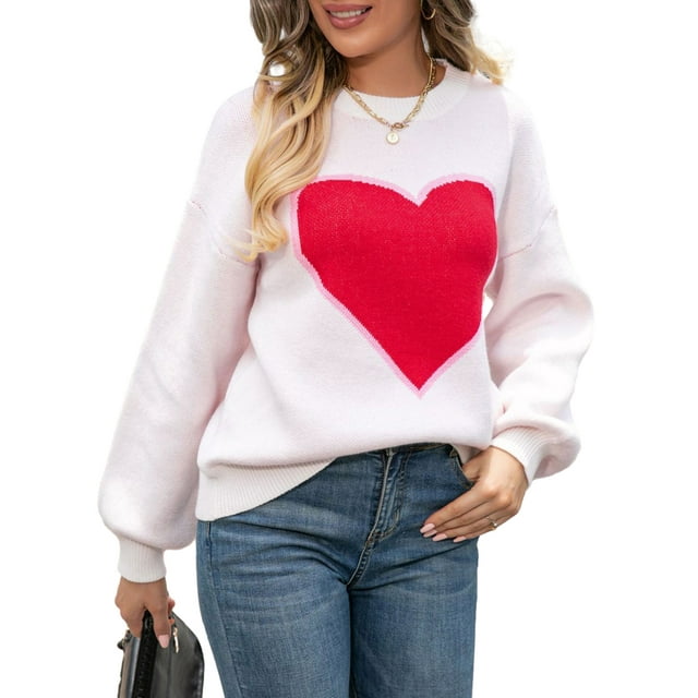 SUNSIOM Pull Ample pour Femmes Motif Cœur Pull de la Saint-Valentin Manches Longues Pulls Col Rond Printemps Automne Mode Urbaine