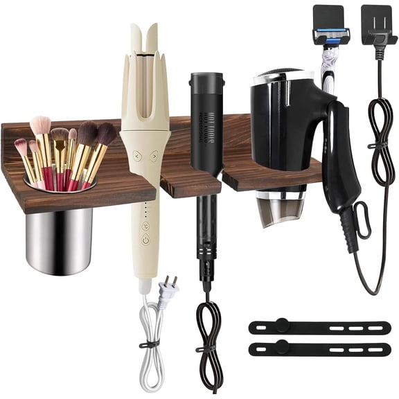 Hair Dryer Holder Wall Mounted, Wooden Bathroom Hair Tool Organizer 4 in 1 with Heat-Resistant Cups, Hot Tools Organizer Curling Iron Holder for Blow Dryer, Straightener(Brown)