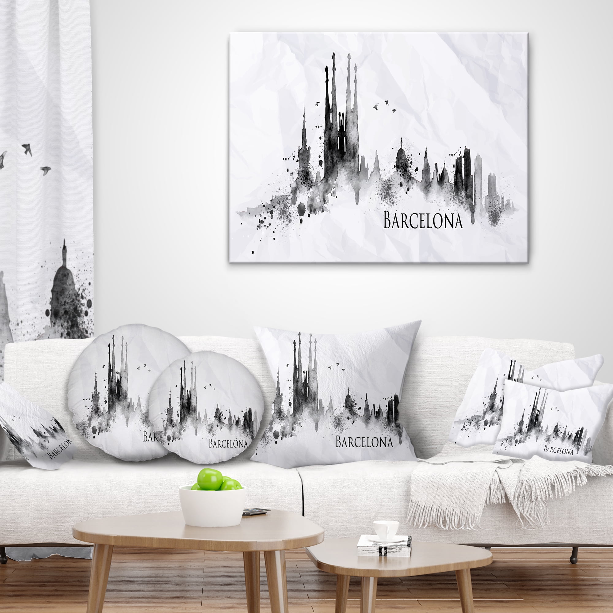 Designart Barcelona Black Silhouette - Cityscape Painting Throw Pillow - 16x16