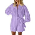 thumbnail image 2 of Edvintorg Two Piece Set for Women 2025 Streewear Women Summer Suit Fashion Solid Color Long Sleeve Shirt Short Trousers Casual Two-Piece Suit Purple S, 2 of 6