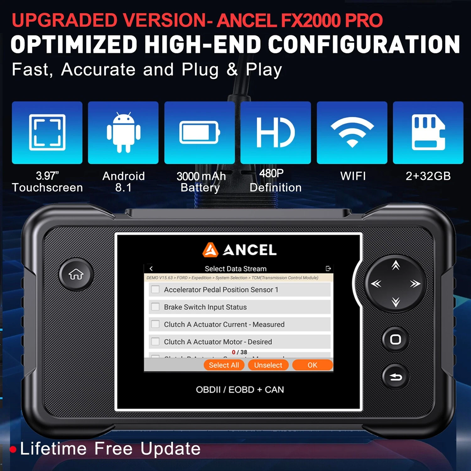 ANCEL FX2000 PRO OBD2 Scanner 4 System Car Diagnostic Tool ABS SRS