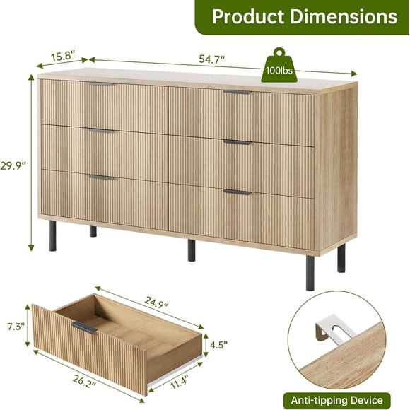 EastVita 6 Drawer Dresser, Wood Wave Fluted Double Dresser with Metal Legs & Handles, Modern Chest of Drawers, Natural Oak