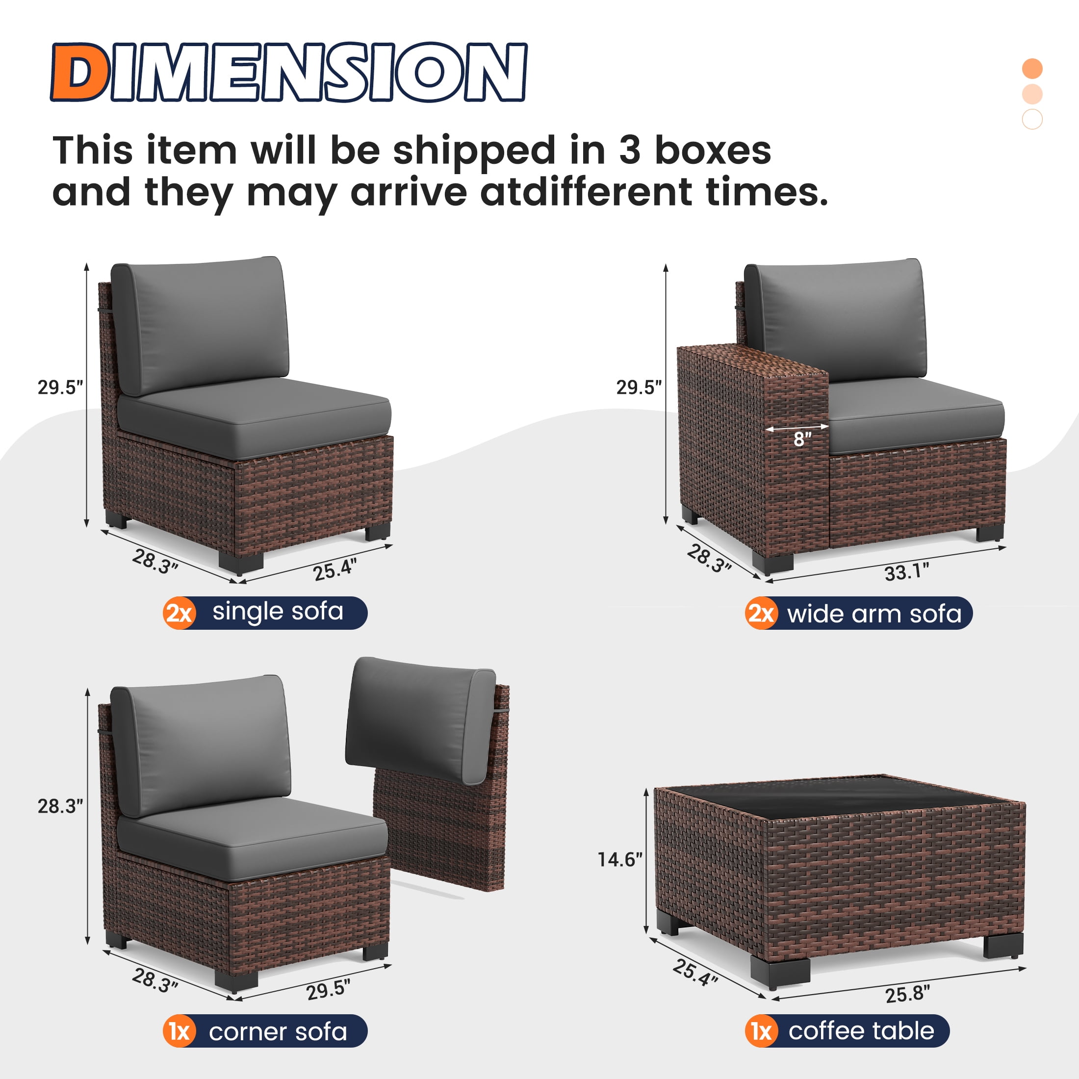 UDPATIO 6-Piece Patio Furniture Set, Outdoor Patio Sofa Set With Wide Armrest, All-Weather Wicker Rattan Guest Set With Cushion And Glass Table And Waterproof Cover, Brown & Dark Grey
