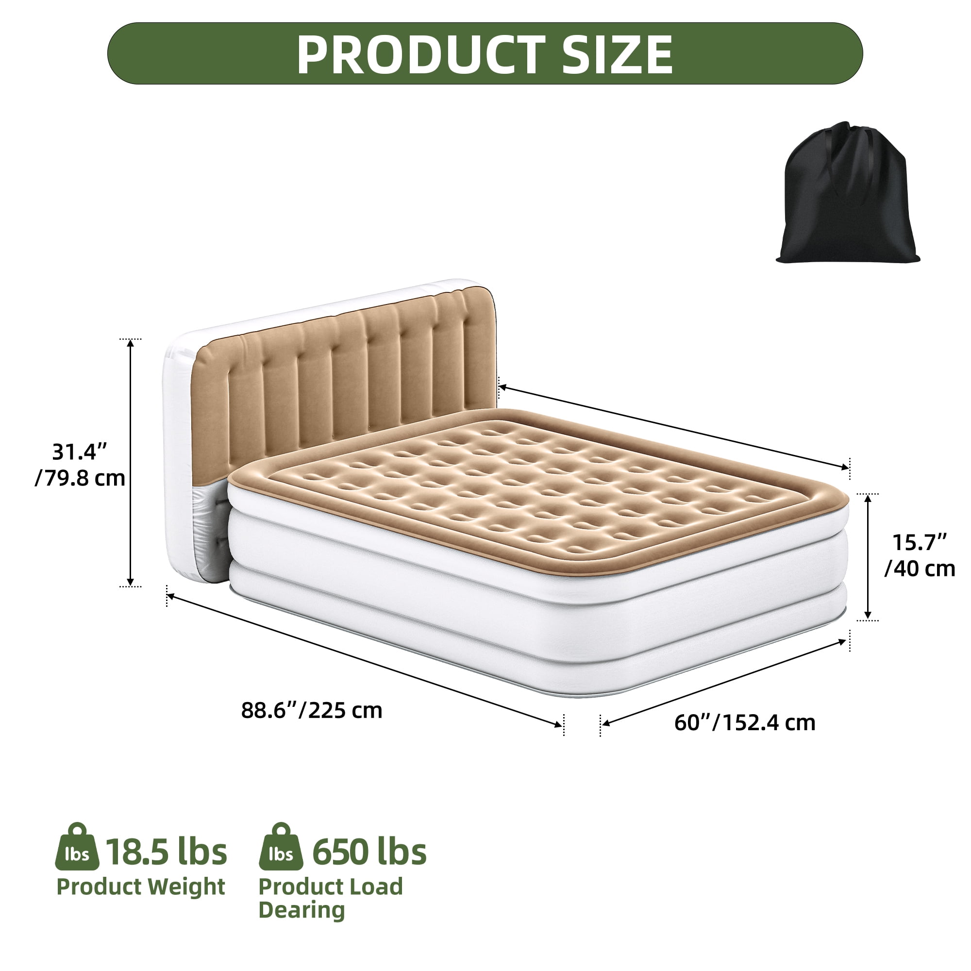 Uforic 18" Queen Air Mattress with Built-in Pump, Flocked Top Inflatable Bed with Banded Headboard for Home, Camping & Guests, Khaki