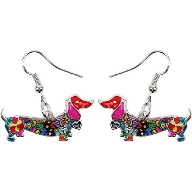 Pendientes de perro salchicha de dibujos animados de aleación de colores que gotean aceite (coloridos), colgante para mascota, joyería para perro, regalo encantador y encantador para mujeres y niñas