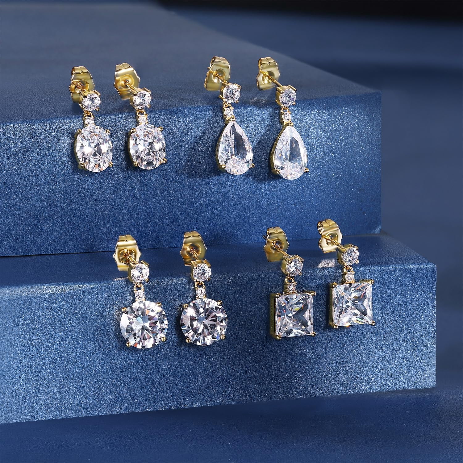 4 Paris Dangle Earrings Sets, 18K White Gold/Yellow Gold Plated Round Princess Cut Clear Cubic Zirconia Tear Drop Dangle Earrings For Women Hypoallergenic Earrings Jewelry[Z1]