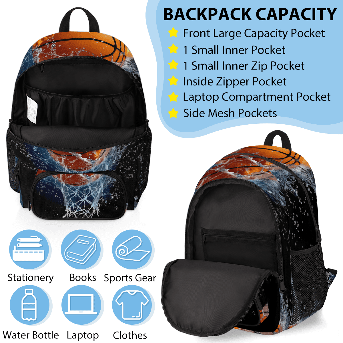 Herdesigns Basketball Large Backpack Set with Lunch Box Lightweight Water Resistant Travel Laptop Backpacks Casual Daypacks for Women Men