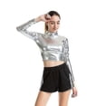 thumbnail image 3 of Top corto de cuello alto con efecto líquido metálico para mujer, camiseta sin mangas de manga larga brillante, ropa de club, 3 of 3