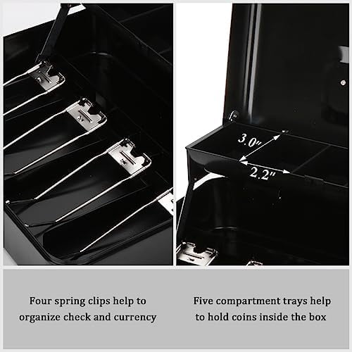 Large Cash Box with Money Tray and Lock - Safe Box for Cash Saving Key Lock Money Organizer Box, 11.8L x 9.5W x 3.5H Inches, Black, SM-CB0501L, XLarge