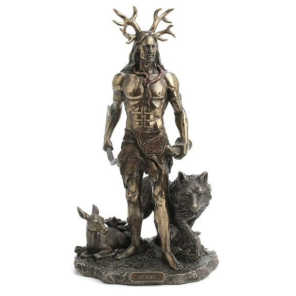 Resin Statues Herne The Spirit Hunter Of Windsor Forest Standing With Deer And Wolf 6 X 11.5 X 6 Inches Bronze
