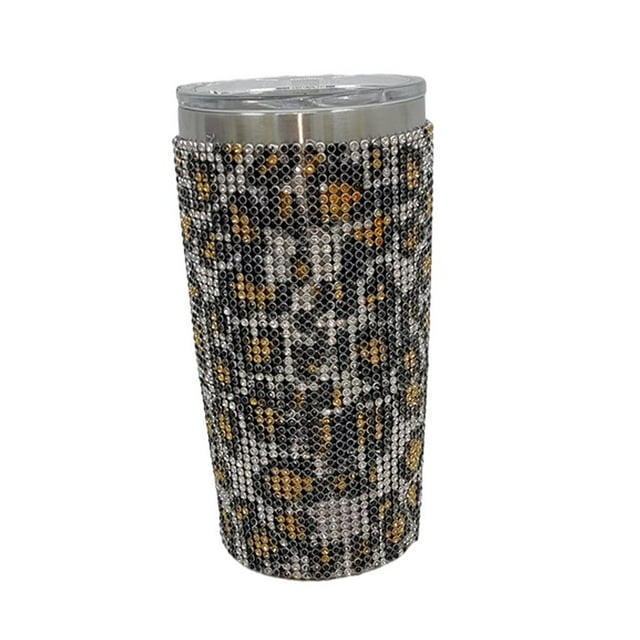 Taza de café con forma de diamante de 600 ml, termo de agua de acero inoxidable 304 con diamantes de imitación Leopardo dorado